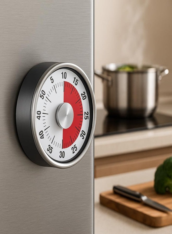 WINDWARRIOR Mechanical Kitchen Timer - 60 Minute Stainless Steel Countdown Clock | Magnetic Visual Timer for Cooking, Study, Fitness, Baking, Pomodoro | Battery-Free, Multicolour - Image 1